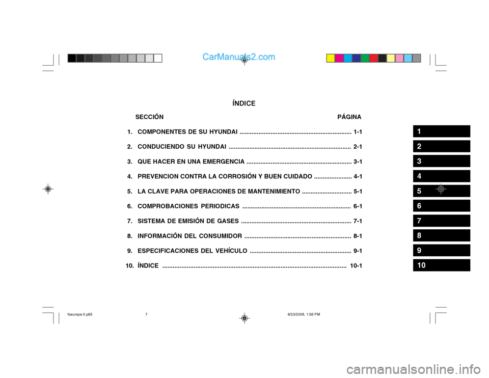 Hyundai Matrix 2003  Manual del propietario (in Spanish) ÍNDICE
 SECCIÓN                                                                                                 PÁGINA
 1. COMPONENTES DE SU HYUNDAI ................................................