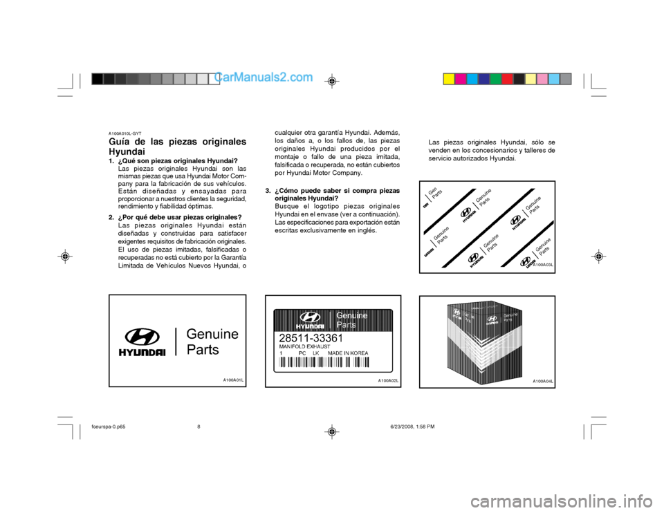 Hyundai Matrix 2003  Manual del propietario (in Spanish) A100A010L-GYT Guía de las piezas originales
Hyundai 
1. ¿Qué son piezas originales Hyundai? Las piezas originales Hyundai son las mismas piezas que usa Hyundai Motor Com-pany para la fabricación d