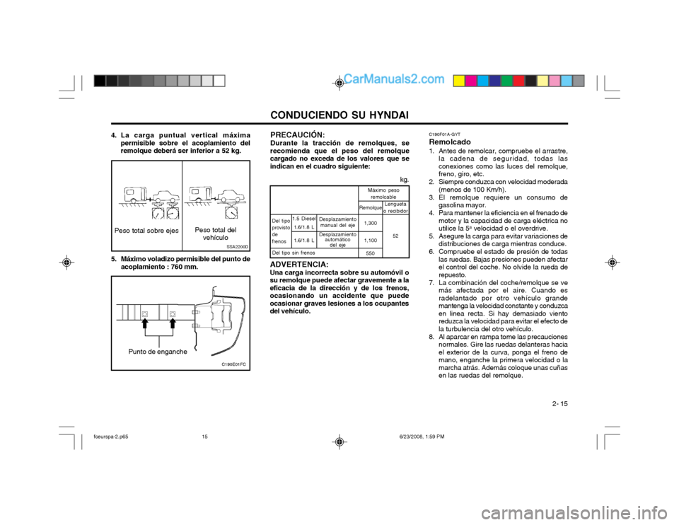 Hyundai Matrix 2003  Manual del propietario (in Spanish) CONDUCIENDO SU HYNDAI 2- 15
4. La carga puntual vertical máxima
permisible sobre el acoplamiento del remolque deberá ser inferior a 52 kg.
SSA2200D
Peso total sobre ejes
Peso total del
vehículo
5. 