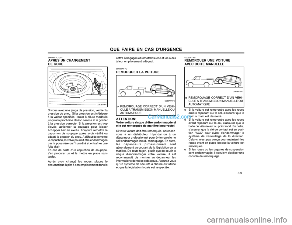 Hyundai Matrix 2003 Manuel du propriétaire (in French) QUE FAIRE EN CAS DURGENCE 3-9
SD090A1-FU REMORQUER UNE VOITURE AVEC BOITE MANUELLE
o REMORQUAGE CORRECT DUN VEHI- CULE A TRANSMISSION MANUELLE OU AUTOMATIQUE
o Si la voiture est remorquée avec les Hyundai Matrix 2003 Manuel du propriétaire (in French) QUE FAIRE EN CAS DURGENCE 3-9
SD090A1-FU REMORQUER UNE VOITURE AVEC BOITE MANUELLE
o REMORQUAGE CORRECT DUN VEHI- CULE A TRANSMISSION MANUELLE OU AUTOMATIQUE
o Si la voiture est remorquée avec les