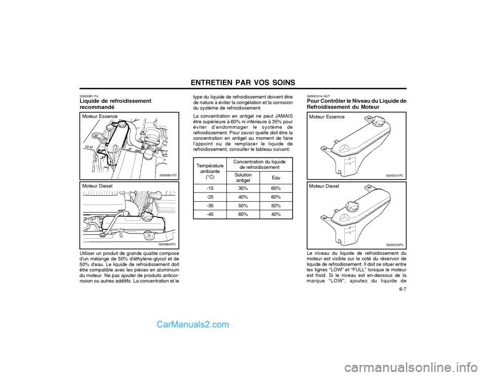 Hyundai Matrix 2003 Manuel du propriétaire (in French) ENTRETIEN PAR VOS SOINS 6-7
SG050B1-FU Liquide de refroidissement recommandé
type du liquide de refroidissement doivent être de nature à éviter la congélation et la corrosiondu système de refro Hyundai Matrix 2003 Manuel du propriétaire (in French) ENTRETIEN PAR VOS SOINS 6-7
SG050B1-FU Liquide de refroidissement recommandé
type du liquide de refroidissement doivent être de nature à éviter la congélation et la corrosiondu système de refro