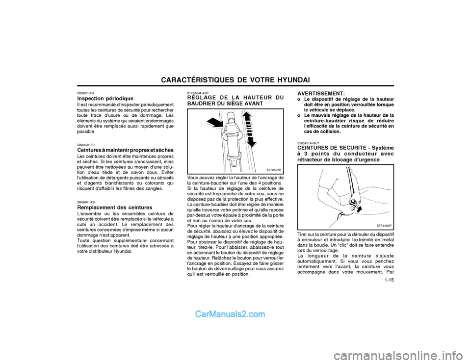 Hyundai Matrix 2003 Manuel du propriétaire (in French) CARACTÉRISTIQUES DE VOTRE HYUNDAI 1-15
SB090I1-FU Inspection périodiqueIl est recommandé dinspecter périodiquement
toutes les ceintures de sécurité pour rechercher toute trace dusure ou de do Hyundai Matrix 2003 Manuel du propriétaire (in French) CARACTÉRISTIQUES DE VOTRE HYUNDAI 1-15
SB090I1-FU Inspection périodiqueIl est recommandé dinspecter périodiquement
toutes les ceintures de sécurité pour rechercher toute trace dusure ou de do