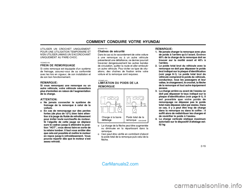 Hyundai Matrix 2003  Manuel du propriétaire (in French) COMMENT CONDUIRE VOTRE HYUNDAI  2-15
SC200D1-FU Chaînes de sécuritéDans le cas où le raccordement de votre voiture
à une remorque ou à un autre véhicule présenterait une défaillance, ce derni