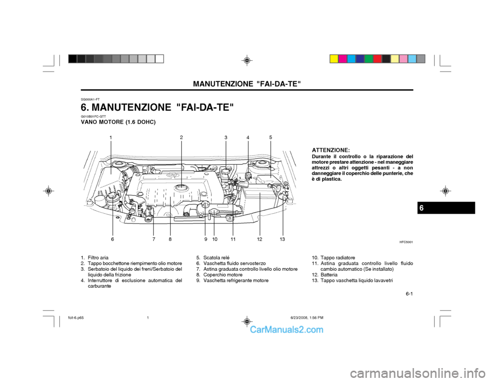 Hyundai Matrix 2003  Manuale del proprietario (in Italian)   6-1
MANUTENZIONE "FAI-DA-TE"
SG000A1-FT
6. MANUTENZIONE "FAI-DA-TE" G010B01FC-GTT
VANO MOTORE (1.6 DOHC)
6
HFC5001
12 3
4 5
6 7 8 9 10 11 12 13
ATTENZIONE: Durante il controllo o la riparazione del
