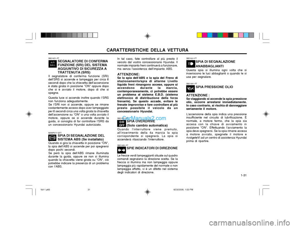Hyundai Matrix 2003 Manuale del proprietario (in Italian) CARATTERISTICHE DELLA VETTURA 1-31
SB210C1-FT
SEGNALATORE DI CONFERMA FUNZIONE (SRI) DEL SISTEMAAGGIUNTIVO DI SICUREZZA ATRATTENUTA (SRS)
Il segnalatore di conferma funzione (SRI)
dellSRS si accende Hyundai Matrix 2003 Manuale del proprietario (in Italian) CARATTERISTICHE DELLA VETTURA 1-31
SB210C1-FT
SEGNALATORE DI CONFERMA FUNZIONE (SRI) DEL SISTEMAAGGIUNTIVO DI SICUREZZA ATRATTENUTA (SRS)
Il segnalatore di conferma funzione (SRI)
dellSRS si accende