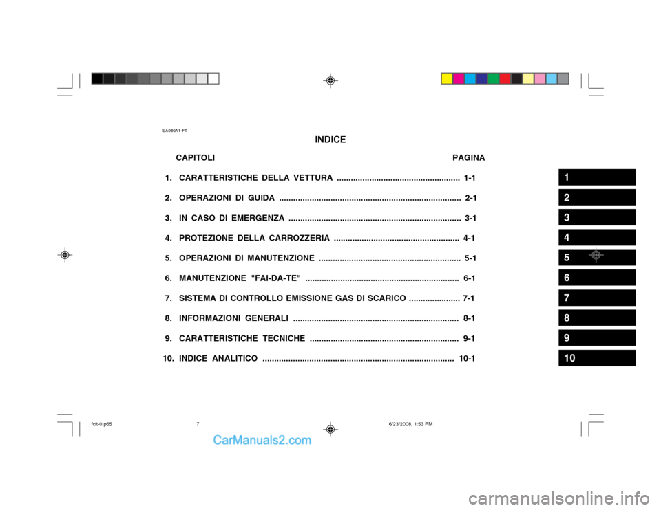 Hyundai Matrix 2003  Manuale del proprietario (in Italian) SA060A1-FTINDICE
CAPITOLI                                                                                                  PAGINA
 1. CARATTERISTICHE DELLA VETTURA ....................................