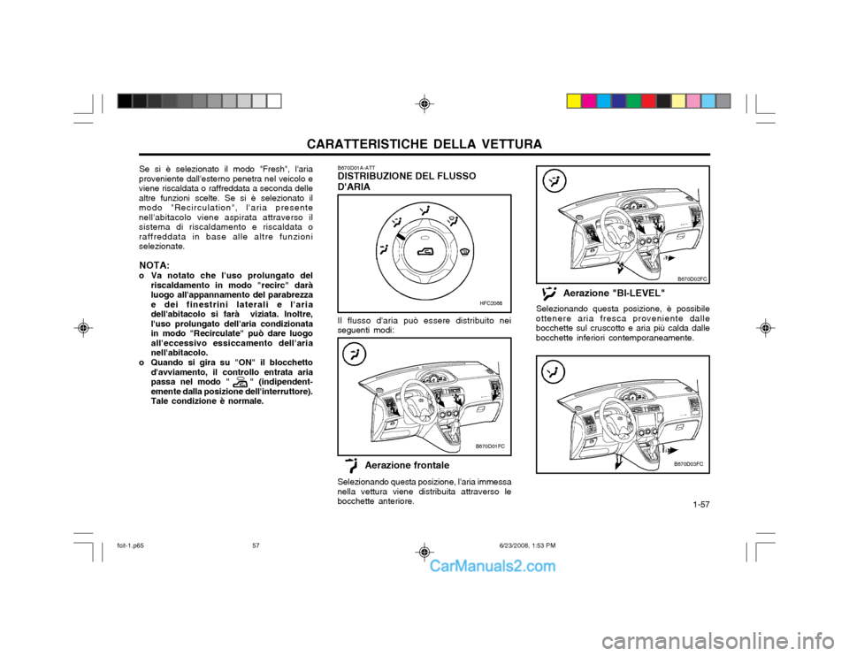 Hyundai Matrix 2003 Manuale del proprietario (in Italian) CARATTERISTICHE DELLA VETTURA 1-57
B670D01FC
B670D02FC
B670D03FC
B670D01A-ATT DISTRIBUZIONE DEL FLUSSO DARIAAerazione frontale
Selezionando questa posizione, laria immessa
nella vettura viene distr Hyundai Matrix 2003 Manuale del proprietario (in Italian) CARATTERISTICHE DELLA VETTURA 1-57
B670D01FC
B670D02FC
B670D03FC
B670D01A-ATT DISTRIBUZIONE DEL FLUSSO DARIAAerazione frontale
Selezionando questa posizione, laria immessa
nella vettura viene distr