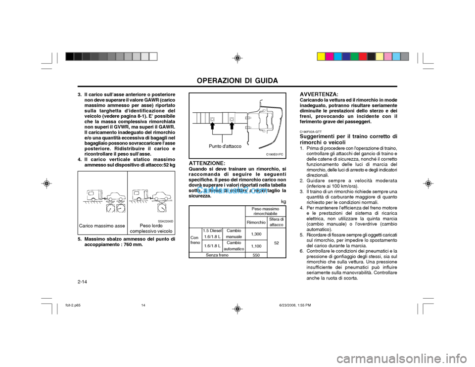 Hyundai Matrix 2003  Manuale del proprietario (in Italian) OPERAZIONI DI GUIDA
2-14
C190F02A-GTT Suggerimenti per il traino corretto di
rimorchi o veicoli 
1. Prima di procedere con loperazione di traino, controllare gli attacchi del gancio di traino e delle