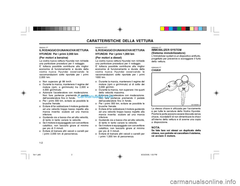 Hyundai Matrix 2003 Manuale del proprietario (in Italian) CARATTERISTICHE DELLA VETTURA
1-2 6SB035A1-FT IMMOBILIZER SYSTEM (Sistema immobilizzatore) LImmobilizer system è un dispositivo antifurto, progettato per prevenire e scoraggiare il furtodella vettur Hyundai Matrix 2003 Manuale del proprietario (in Italian) CARATTERISTICHE DELLA VETTURA
1-2 6SB035A1-FT IMMOBILIZER SYSTEM (Sistema immobilizzatore) LImmobilizer system è un dispositivo antifurto, progettato per prevenire e scoraggiare il furtodella vettur