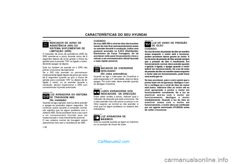 Hyundai Matrix 2003 Manual do proprietário (in Portuguese) CARACTERÍSTICAS DO SEU HYUNDAI
1-30 SB210C1-FP
INDICADOR DE AVISO DE
ASSISTÊNCIA (SRI) DO
SISTEMA SUPLEMENTAR DE LIMITAÇÃO (SRS)
O indicador de aviso de assistência (SRI) do
SRS acende-se e pis Hyundai Matrix 2003 Manual do proprietário (in Portuguese) CARACTERÍSTICAS DO SEU HYUNDAI
1-30 SB210C1-FP
INDICADOR DE AVISO DE
ASSISTÊNCIA (SRI) DO
SISTEMA SUPLEMENTAR DE LIMITAÇÃO (SRS)
O indicador de aviso de assistência (SRI) do
SRS acende-se e pis