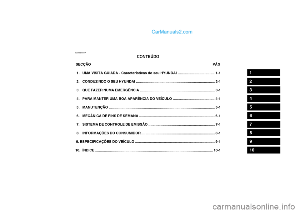 Hyundai Matrix 2003  Manual do proprietário (in Portuguese) SA060A1-FPCONTEÚDO
SECÇÃO                                                                                               PÁG
  1. UMA VISITA GUIADA - Características do seu HYUNDAI ...............