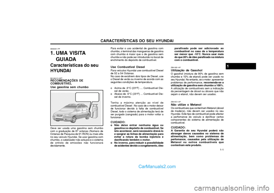 Hyundai Matrix 2003  Manual do proprietário (in Portuguese) CARACTERÍSTICAS DO SEU HYUNDAI 1-1
Para evitar o uso acidental de gasolina com
chumbo, o terminal das mangueiras de gasolina com chumbo é maior que o de gasolina semchumbo e não pode ser introduzid