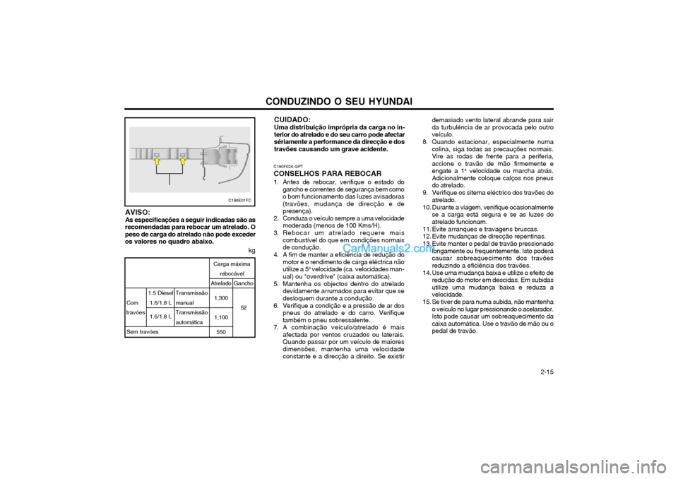 Hyundai Matrix 2003 Manual do proprietário (in Portuguese) CONDUZINDO O SEU HYUNDAI 2-15
CUIDADO: Uma distribuição imprópria da carga no in- terior do atrelado e do seu carro pode afectarsériamente a performance da direcção e dostravões causando um gr Hyundai Matrix 2003 Manual do proprietário (in Portuguese) CONDUZINDO O SEU HYUNDAI 2-15
CUIDADO: Uma distribuição imprópria da carga no in- terior do atrelado e do seu carro pode afectarsériamente a performance da direcção e dostravões causando um gr