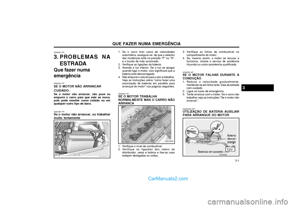 Hyundai Matrix 2003 Manual do proprietário (in Portuguese) QUE FAZER NUMA EMERGÊNCIA 3-1
SD000A1-FP
3. PROBLEMAS NA
ESTRADA
Que fazer numa
emergência
SD020A1-FP
SE O MOTOR NÃO ARRANCAR CUIDADO:
Se o motor não arrancar, não puxe ou
empurre o carro para Hyundai Matrix 2003 Manual do proprietário (in Portuguese) QUE FAZER NUMA EMERGÊNCIA 3-1
SD000A1-FP
3. PROBLEMAS NA
ESTRADA
Que fazer numa
emergência
SD020A1-FP
SE O MOTOR NÃO ARRANCAR CUIDADO:
Se o motor não arrancar, não puxe ou
empurre o carro para