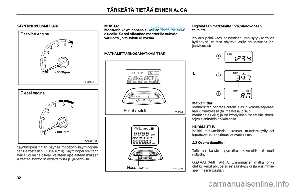 Hyundai Matrix 2002 Omistajan Käsikirja (in Finnish) 32 KÄYNTINOPEUSMITTARI
Käyntinopeusmittari näyttää moottorin käyntinopeu-
den kierrosta minuutissa (r/min). Käyntinopeusmittarin
avulla voi valita oikean vaihteen ajotilanteen mukaan
ja vält Hyundai Matrix 2002 Omistajan Käsikirja (in Finnish) 32 KÄYNTINOPEUSMITTARI
Käyntinopeusmittari näyttää moottorin käyntinopeu-
den kierrosta minuutissa (r/min). Käyntinopeusmittarin
avulla voi valita oikean vaihteen ajotilanteen mukaan
ja vält