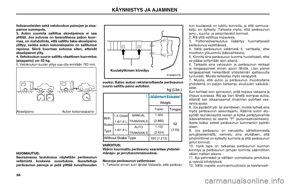 Hyundai Matrix 2002  Omistajan Käsikirja (in Finnish) 64 lisävarusteiden sekä vetokoukun painojen ja aisa-
painon summasta.
3. Auton suurinta sallittua akselipainoa ei saa 
ylittää. Jos autossa on tavaratilassa paljon kuor-
maa, on mahdollista, että