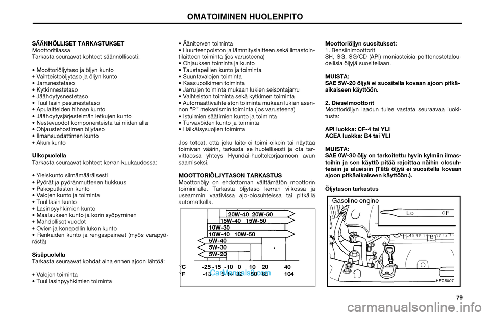 Hyundai Matrix 2002  Omistajan Käsikirja (in Finnish) 79 SÄÄNNÖLLISET TARKASTUKSET
Moottoritilassa
Tarkasta seuraavat kohteet säännöllisesti:
 Moottoriöljytaso ja öljyn kunto
 Vaihteistoöljytaso ja öljyn kunto
 Jarrunestetaso
 Kytkinnesteta