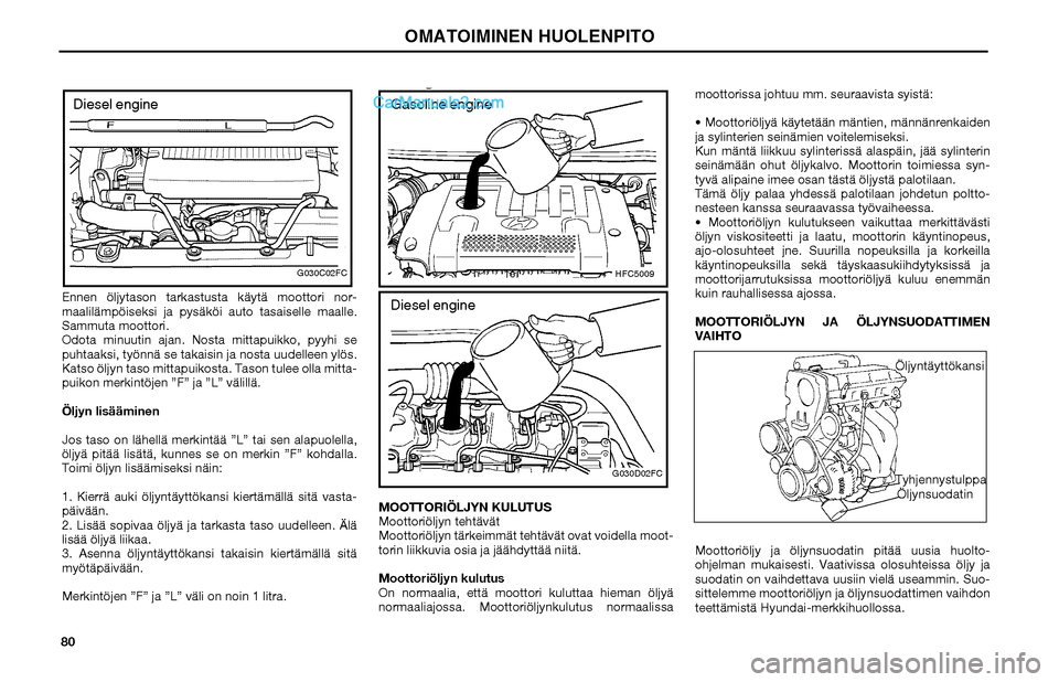 Hyundai Matrix 2002  Omistajan Käsikirja (in Finnish) 80Ennen öljytason tarkastusta käytä moottori nor-
maalilämpöiseksi ja pysäköi auto tasaiselle maalle. 
Sammuta moottori.
Odota minuutin ajan. Nosta mittapuikko, pyyhi se 
puhtaaksi, työnnä se