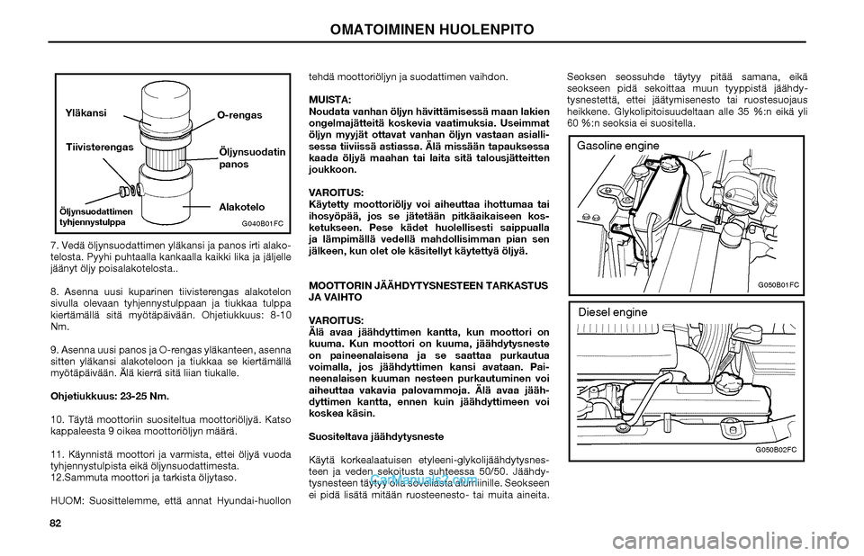 Hyundai Matrix 2002  Omistajan Käsikirja (in Finnish) 82
G040B01FC
Oil filter
drain plugO-ring
Oil filter
element
Washer
Upper cap
Lower case
YläkansiTiivisterengasÖljynsuodattimen 
tyhjennystulppa
O-rengasÖljynsuodatin 
panosAlakotelo
7. Vedä öljyn