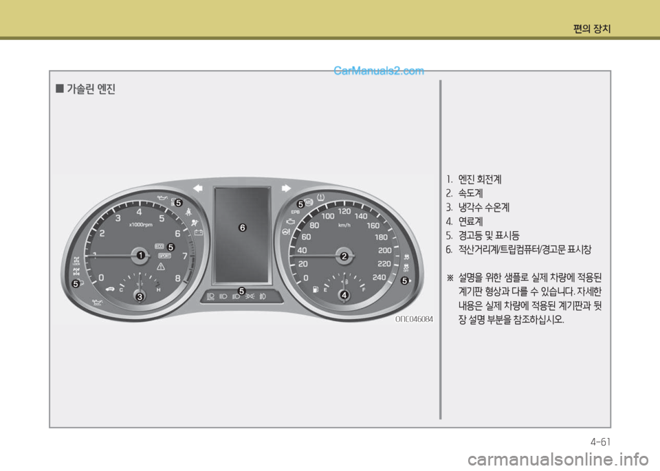 Hyundai Maxcruz 2017  맥스크루즈 NC - 사용 설명서 (in Korean) 편의 장치4-작소
소.   엔진  회전계
속 .  . L계
3 .  냉