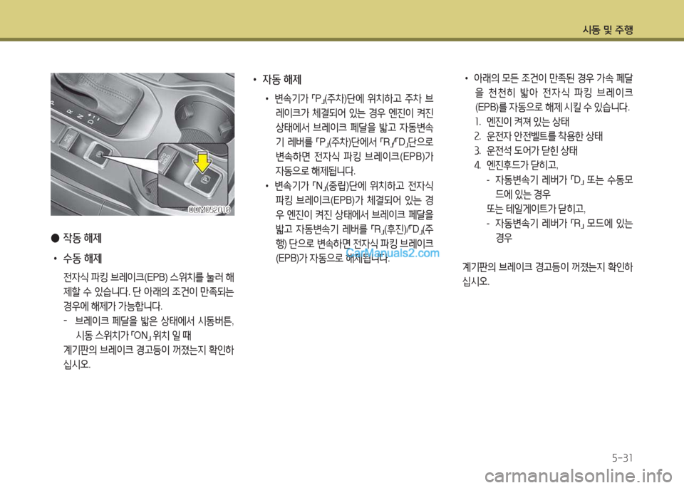 Hyundai Maxcruz 2017  맥스크루즈 NC - 사용 설명서 (in Korean) /d동 및 주B자-3소
 
● 4동  해제
 
• 수동 해제
  전4/e  파킹  브레이크 (EPB) 스위치를  눌$t  해
제할  .