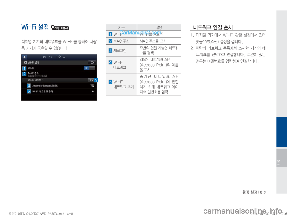 Hyundai Maxcruz 2016  맥스크루즈 표준4 내비게이션 (in Korean) 
ƒ�¸
��*����
08
Wi-Fi 설정 �
c
