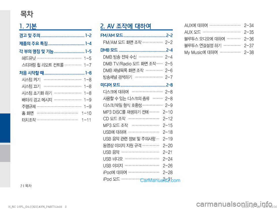 Hyundai Maxcruz 2016  맥스크루즈 표준4 내비게이션 (in Korean) ���*�~0
1. 기본
경고 및 주의 .............................................. 1-2
제품의 주요 특징 ...................................... 1-4
각 부의 명칭 및 기능 ............