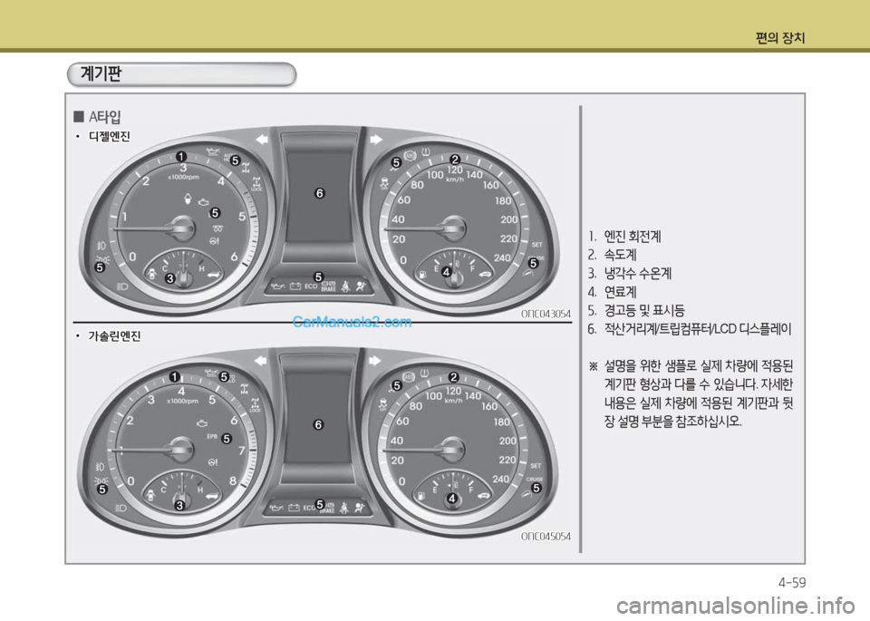Hyundai Maxcruz 2015  맥스크루즈 NC - 사용 설명서 (in Korean) 편의 장치4-자9
소.   엔진  회전계
속 .  . L계
3 .  냉