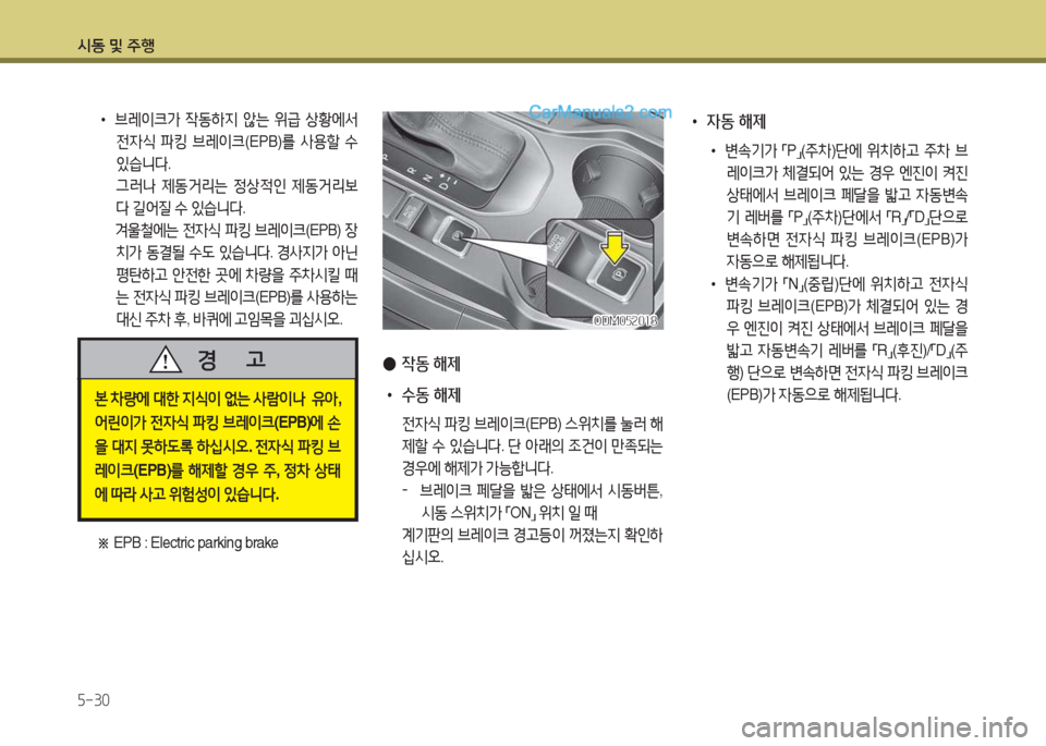 Hyundai Maxcruz 2015  맥스크루즈 NC - 사용 설명서 (in Korean) /d동 및 주B 자-30
 
● 4동  해제
 
• 수동 해제
 전4/e  파킹  브레이크 (EPB) 스위치를  눌$t  해
제할  .