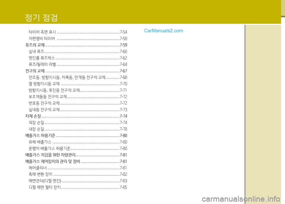 Hyundai Maxcruz 2015  맥스크루즈 NC - 사용 설명서 (in Korean) 타이어 측면  표시  ............................................................ 7-자4
저편평비  타이어   ............................................................ 7-자8
퓨6의  