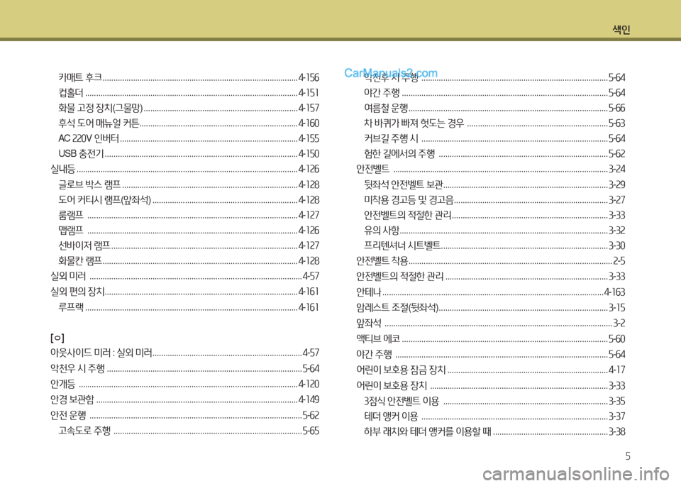 Hyundai Maxcruz 2015  맥스크루즈 NC - 사용 설명서 (in Korean) 색인5
카매트  후크  .......................................................................................... 4-소자작
;}홀더  ............................................................