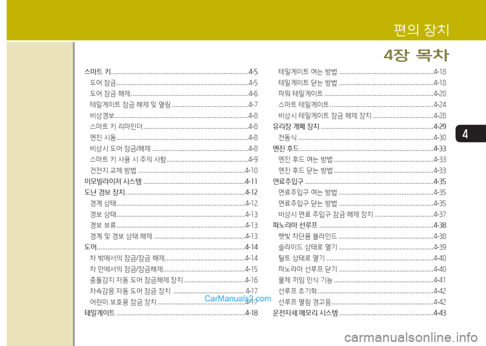 Hyundai Maxcruz 2015  맥스크루즈 NC - 사용 설명서 (in Korean) 4
스&P?@ 키  ............................................................................. 4-자
도2<  잠금  .......................................................................... 4-자
도2<