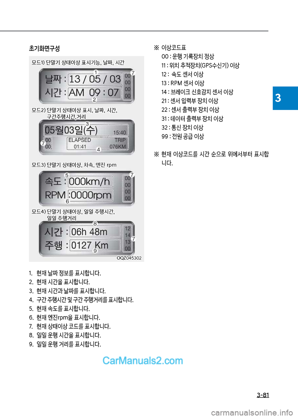 Hyundai Mega-Trucks 2017  메가트럭 - 사용 설명서 (in Korean) 3-81
3
초기화면구성
1.보 현
d보날짜보
를보표	&텙니다. 
2.보 현
d보	&간을보표	&텙니다.
3.보 현
d보	&간과보날짜를보표	&텙니다.
태.보 구간보주텤	&간