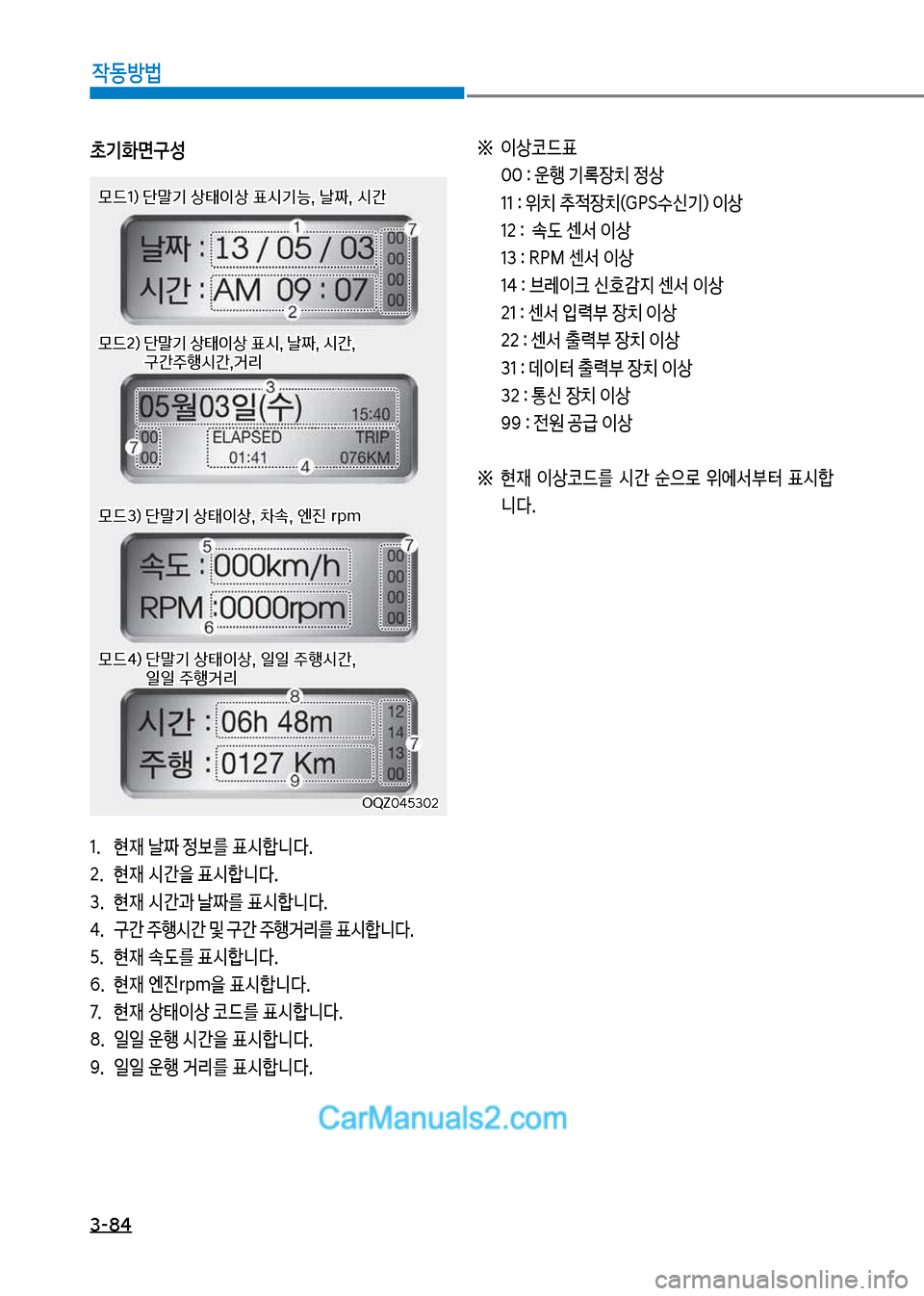 Hyundai Mega-Trucks 2017  메가트럭 - 사용 설명서 (in Korean) 3-84

X동방법
초기화면구성
1.보 현
d보날짜보
를보표	&텙니다. 
2.보 현
d보	&간을보표	&텙니다.
3.보 현
d보	&간과보날짜를보표	&텙니다.
태.보 구간보주
