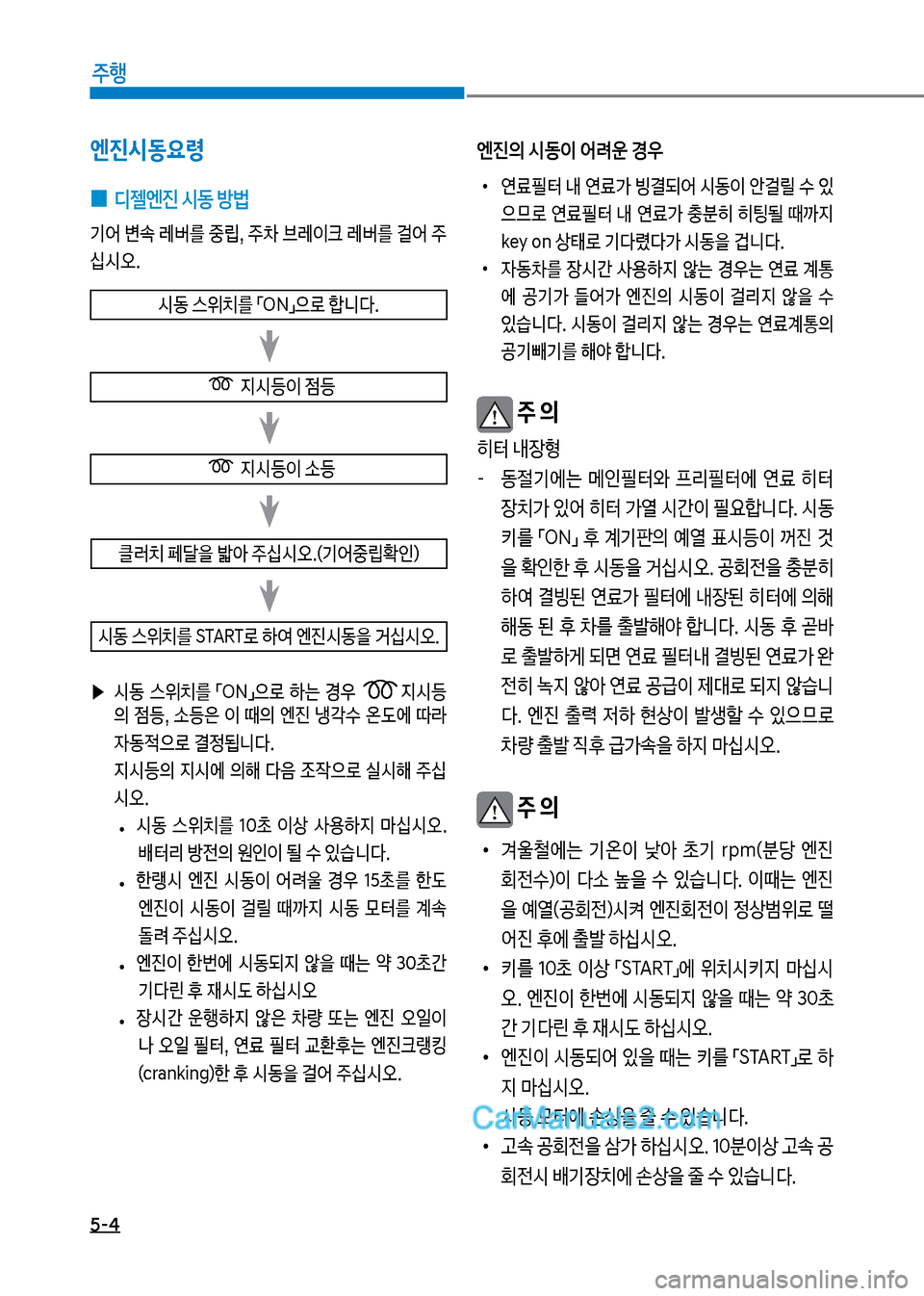 Hyundai Mega-Trucks 2017  메가트럭 - 사용 설명서 (in Korean) 5-4
주행
엔진시동요령
 
0 디젤엔진 시동 방법
기	