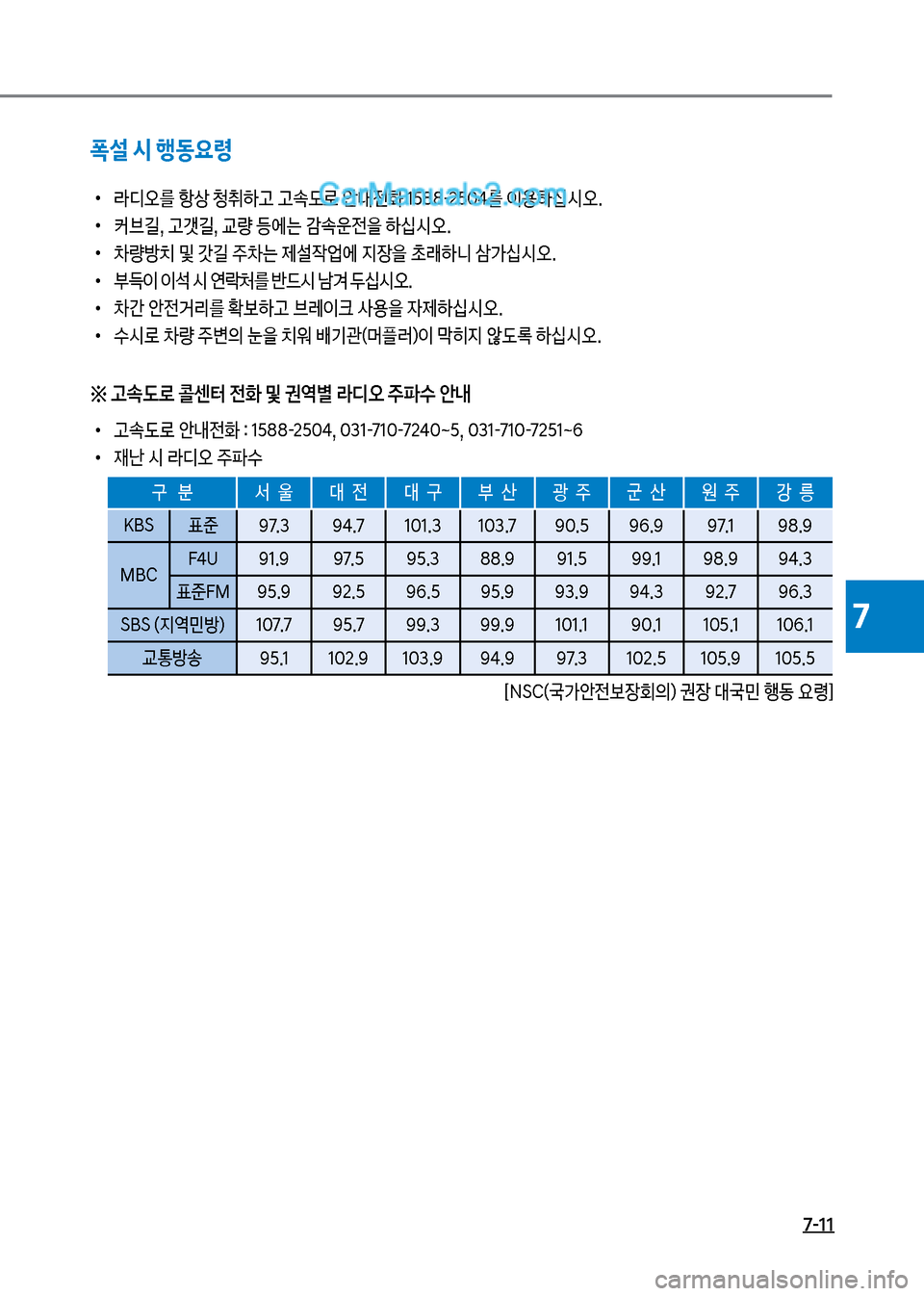 Hyundai Mega-Trucks 2017  메가트럭 - 사용 설명서 (in Korean) 7-11
7
폭설 시 행동요령
보
•
도디오를보항상보청취하고보고