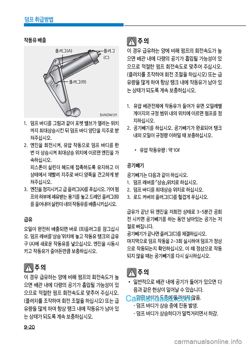 Hyundai Mega-Trucks 2017  메가트럭 - 사용 설명서 (in Korean) 9-20
덤프 취급방법
작동유 배출
1.보 덤프보바디를보