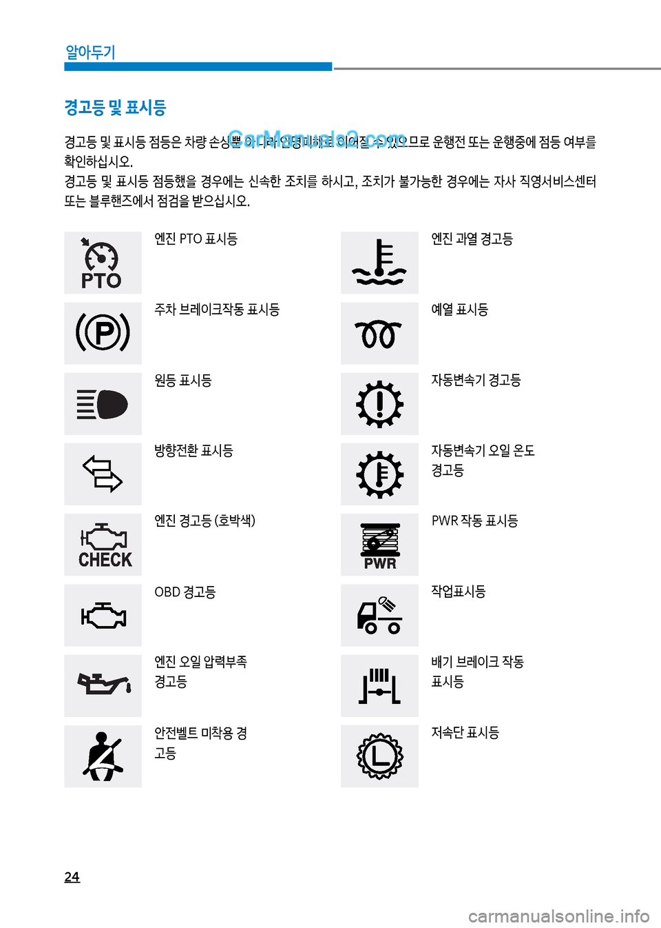 Hyundai Mega-Trucks 2017  메가트럭 - 사용 설명서 (in Korean) 24
알아두기
경고등 및 표시등
경고등보및보표	&등보
|등은보0량보손상뿐보	