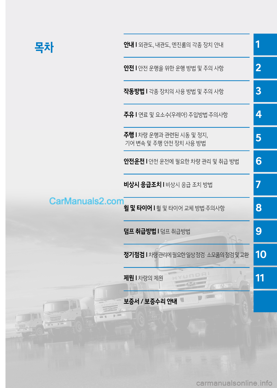 Hyundai Mega-Trucks 2017  메가트럭 - 사용 설명서 (in Korean) 목01
2
3
4
5
6
7
8
9
10
11
안내 I 외관도, 내관도, 엔진룸의 각종 장치 안내
안전 I 안전 운행을 위한 운행 방법 및 주의 사항

X동방법 I  각종 장치의 사용 
