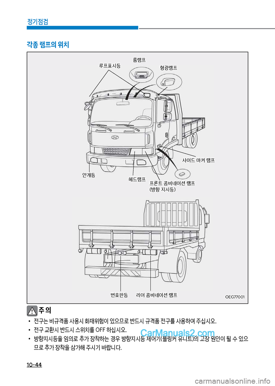 Hyundai Mega-Trucks 2017  메가트럭 - 사용 설명서 (in Korean) 1혹-44
정기점검
 
0 일반캡
차시도꼬꼬혹혹1차시도꼬꼬혹혹1
?종 램프의 위치
안개등안개등헤던램프
헤던램프프론탔보콤비