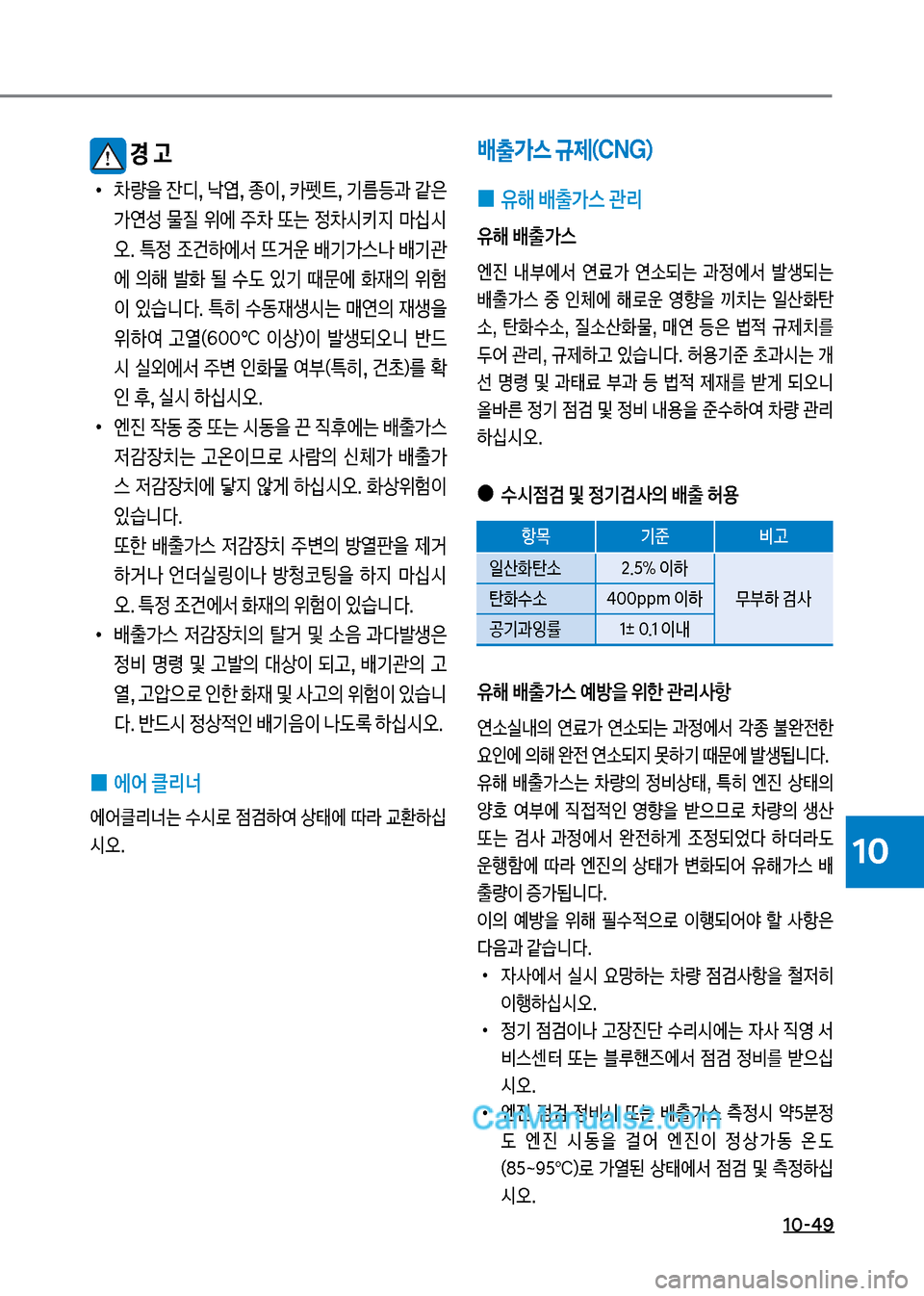 Hyundai Mega-Trucks 2017  메가트럭 - 사용 설명서 (in Korean) 1혹-4화
10
배출>스 규제(CNG)
 
0 유해 배출>스 관리
유해 배출>스
엔진보 내부에