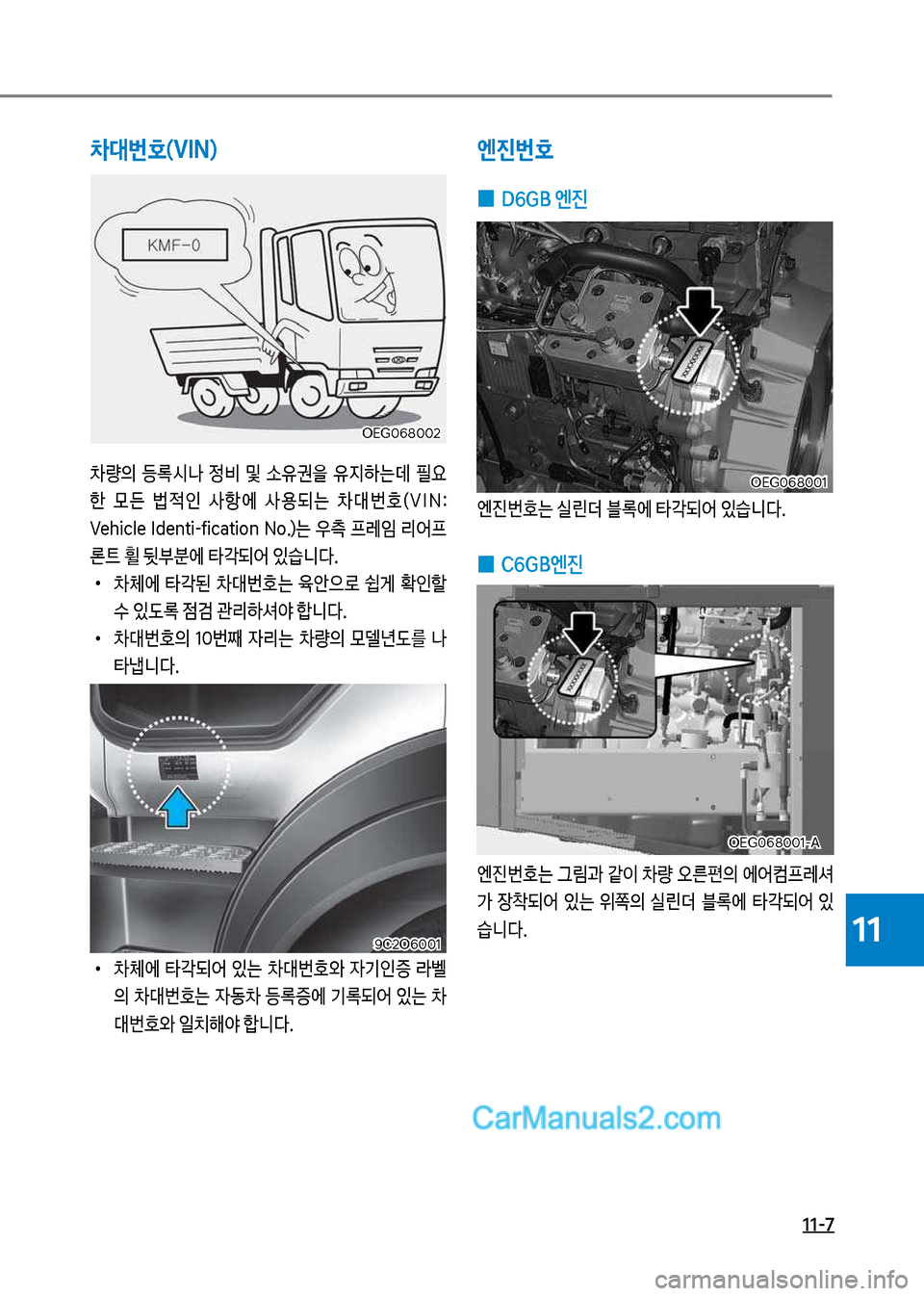 Hyundai Mega-Trucks 2017  메가트럭 - 사용 설명서 (in Korean) 11-7
11
차대번호(VIN)
0량의  등