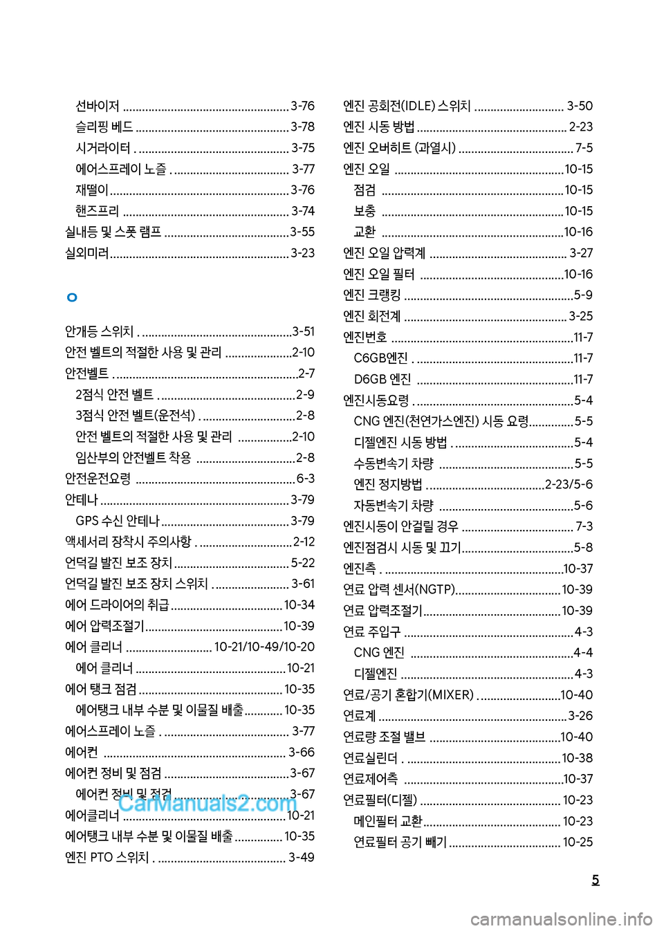 Hyundai Mega-Trucks 2017  메가트럭 - 사용 설명서 (in Korean) 5
선뤥이
w보.................................................... 3-76 
슬리핑보베던보................................................ 3-78
	&거도이터보.보.............................