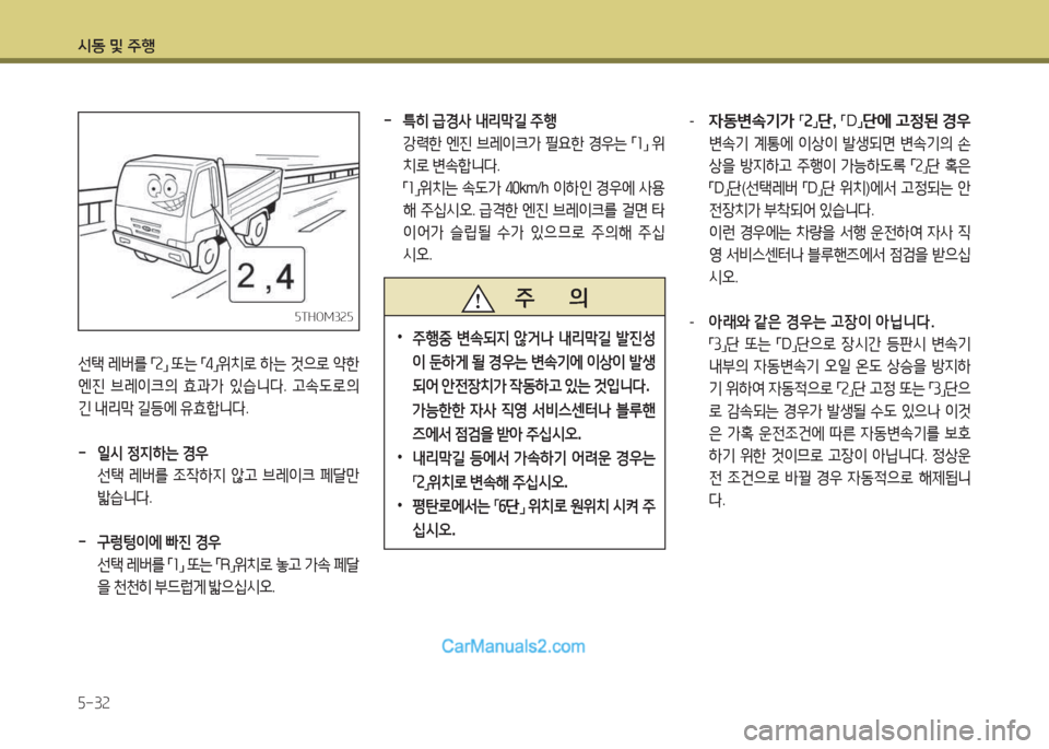 Hyundai Mega-Trucks 2016  메가트럭 - 사용 설명서 (in Korean) /d동 및 주B 5-32
5THOM3255THOM325
선=e 레버를  
「 속
」 
또는  
「 4
」위치$