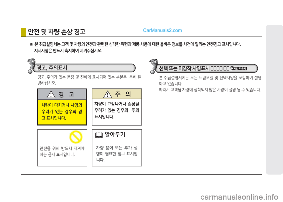 Hyundai Mega-Trucks 2015  메가트럭 - 사용 설명서 (in Korean) 사$이  다치거나  사망의  
우려
