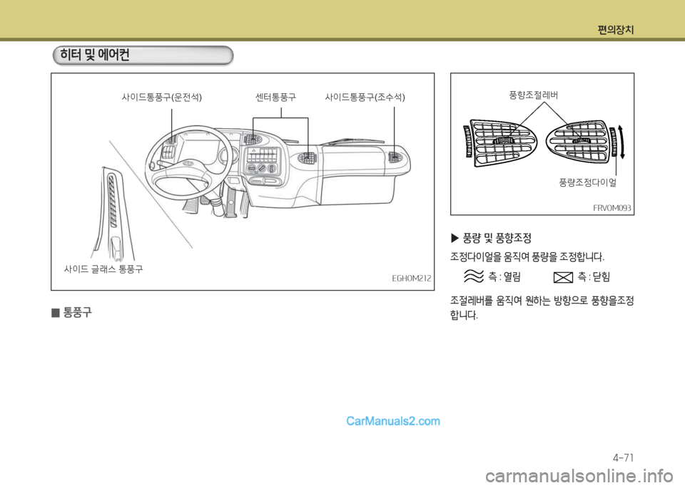 Hyundai Mega-Trucks 2015  메가트럭 - 사용 설명서 (in Korean) 편의장치4-7소
 
▶ 풍량 및 풍향4