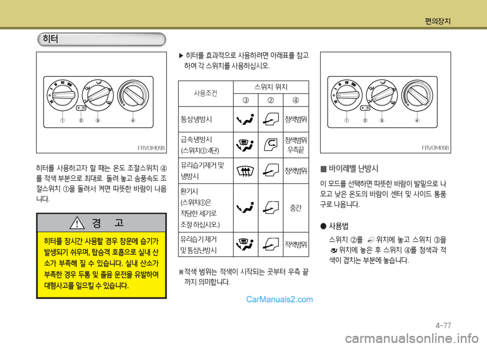 Hyundai Mega-Trucks 2015  메가트럭 - 사용 설명서 (in Korean) 편의장치4-77
히터를  사용A