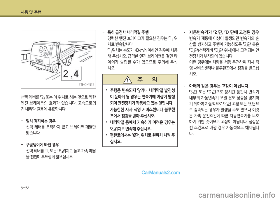 Hyundai Mega-Trucks 2015  메가트럭 - 사용 설명서 (in Korean) /d동 및 주B 5-32
5THOM3255THOM325
선=e 레버를  
「 속
」 
또는  
「 4
」위치$