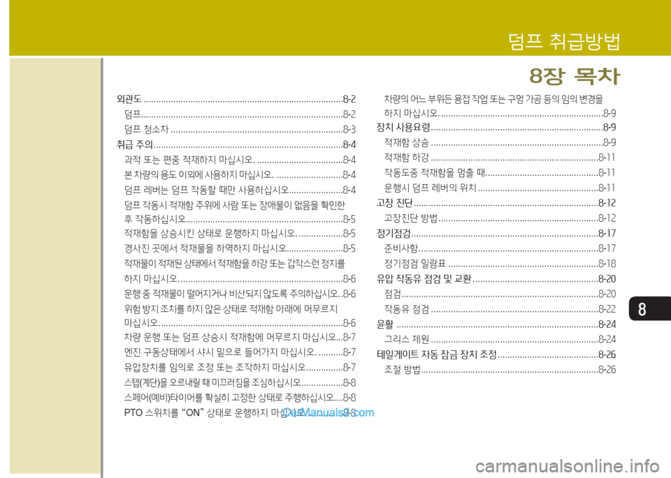 Hyundai Mega-Trucks 2015  메가트럭 - 사용 설명서 (in Korean) 8
외관도 ................................................................................. 놓-속
덤프  .................................................................................. 8-2
덤