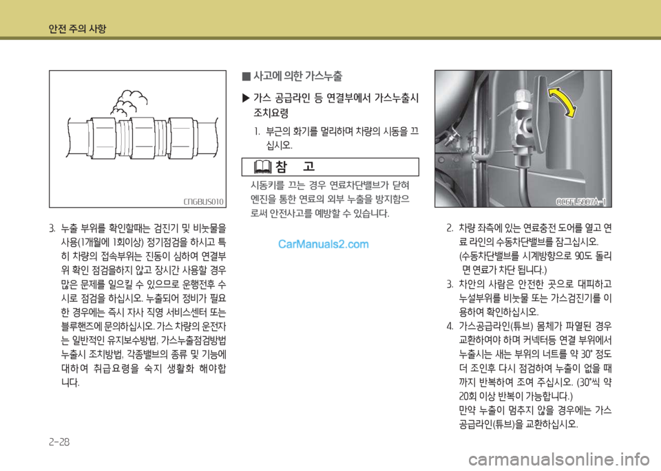 Hyundai Mega-Trucks 2015  메가트럭 - 사용 설명서 (in Korean) 안전 주의 사항 속-속8
CNGBUS0소0CNGBUS0소0
①.  누출  부위를  B